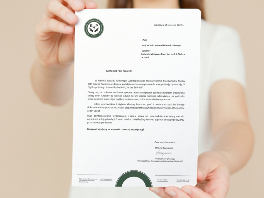 Podziękowania dla Instytutu za wkład w organizację IV Ogólnopolskiego Forum Służby BHP 